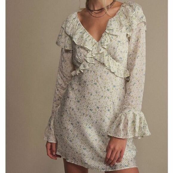 Free People Dresses & Skirts - Free People Sweetest Thing Mini Dress Bell Long Sleeve Ruffle Buttons Floral 10